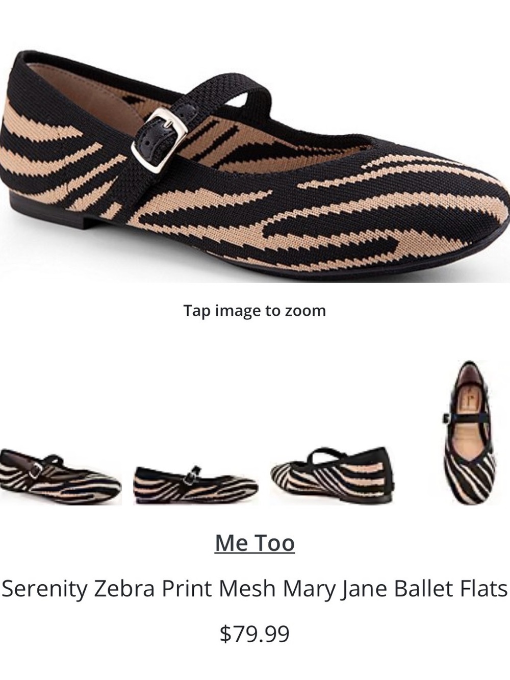 Me Too Serenity Zebra Print Mesh Mary Jane Ballet Flats - Size 7 - New